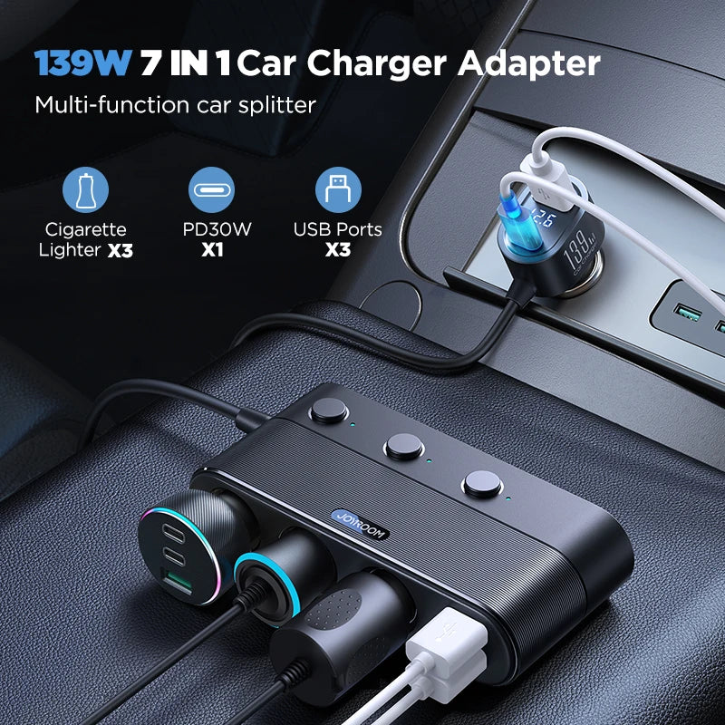 Joyroom 139W 7 in 1 Car Charger Adapter Fast PD QC3.0 Socket Cigarette Lighter Splitter Charge Independent Switches DC Outlet