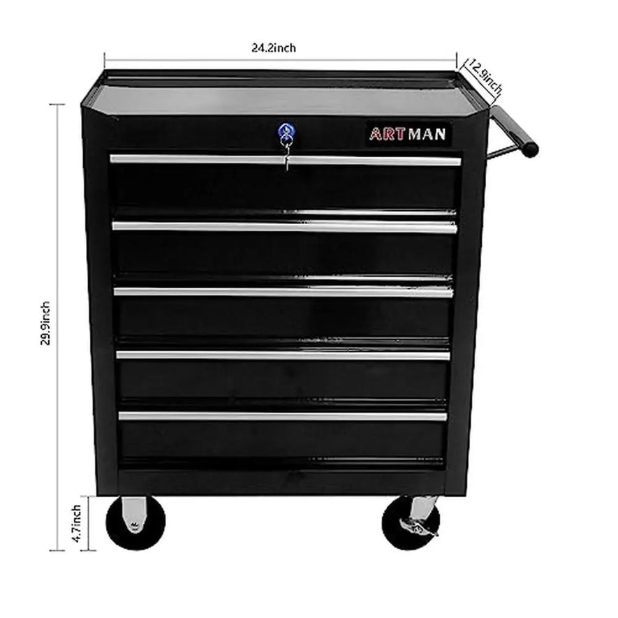 5-Drawer Rolling Tool Cart Organizer Steel Rolling Tool Trolley with Lockable Drawers Portable Tool Storage Chest on Wheels