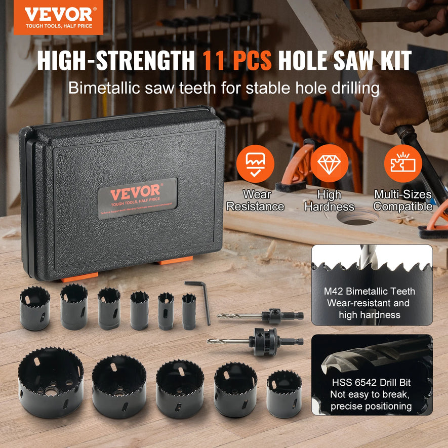 VEVOR Hole Saw Kit 11/18 PCS Saw Blades 1 Hex Wrench Bi Metal M42 Hole Saw Set with Carrying Case General Purpose Size