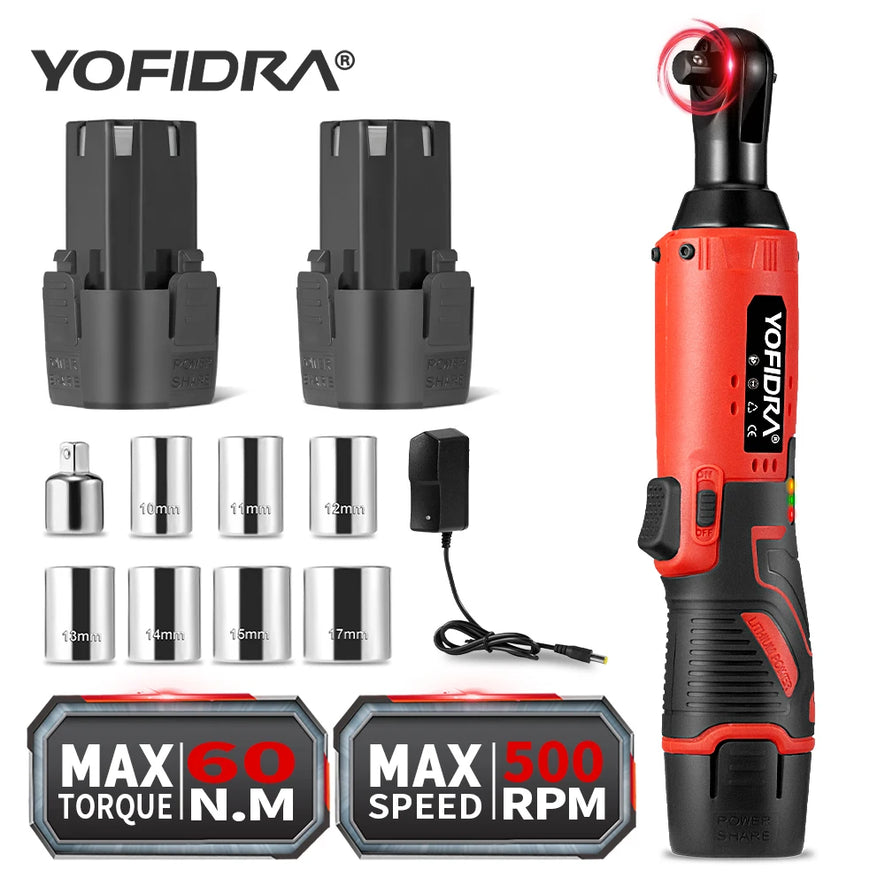 YOFIDRA 3/8 Inch 90° Angle Wrench 12V Electric Ratchet Wrench Cordless Car Repair Removal Screw Nut Screwdrivers Home Power Tool