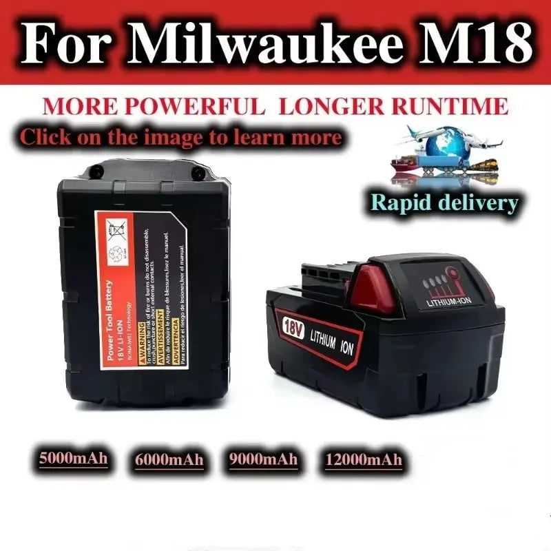 For Milwaukee M18 Power Tool Battery, Charger, BR, XC, 18V, 5000mAh-12000mAh M18B5, 48-11-1860, Built-in 18650 10C Battery