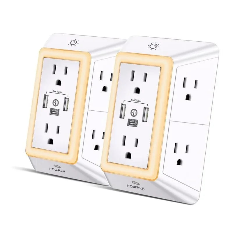 1-2-4 Pack Bundle Link - Surge Protector Outlet with Night Light- POWRUI 6 Outlet Extender with 3 USB Ports (1 USB C), 3-Sided